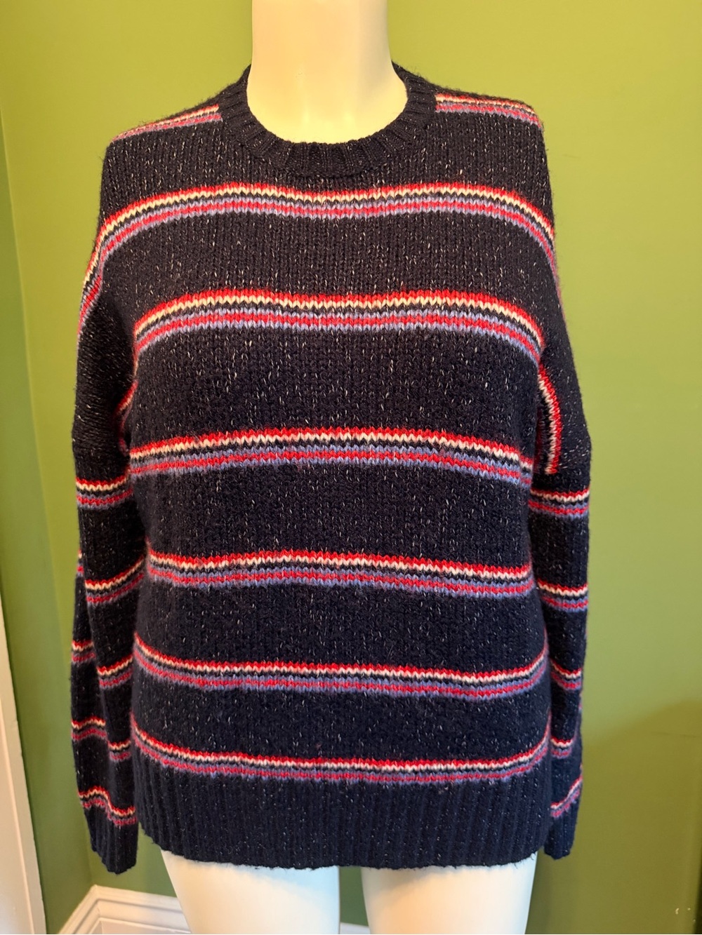 Striped Crewneck Sweater in Navy with Red Accents
